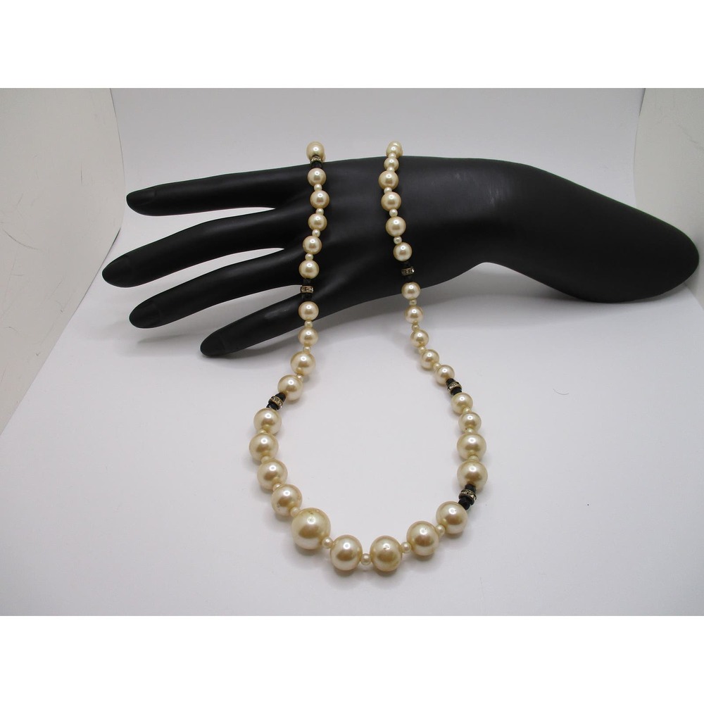 Vintage Miriam Haskell Faux Pearl Black Crystal Rhinestone Beaded Necklace